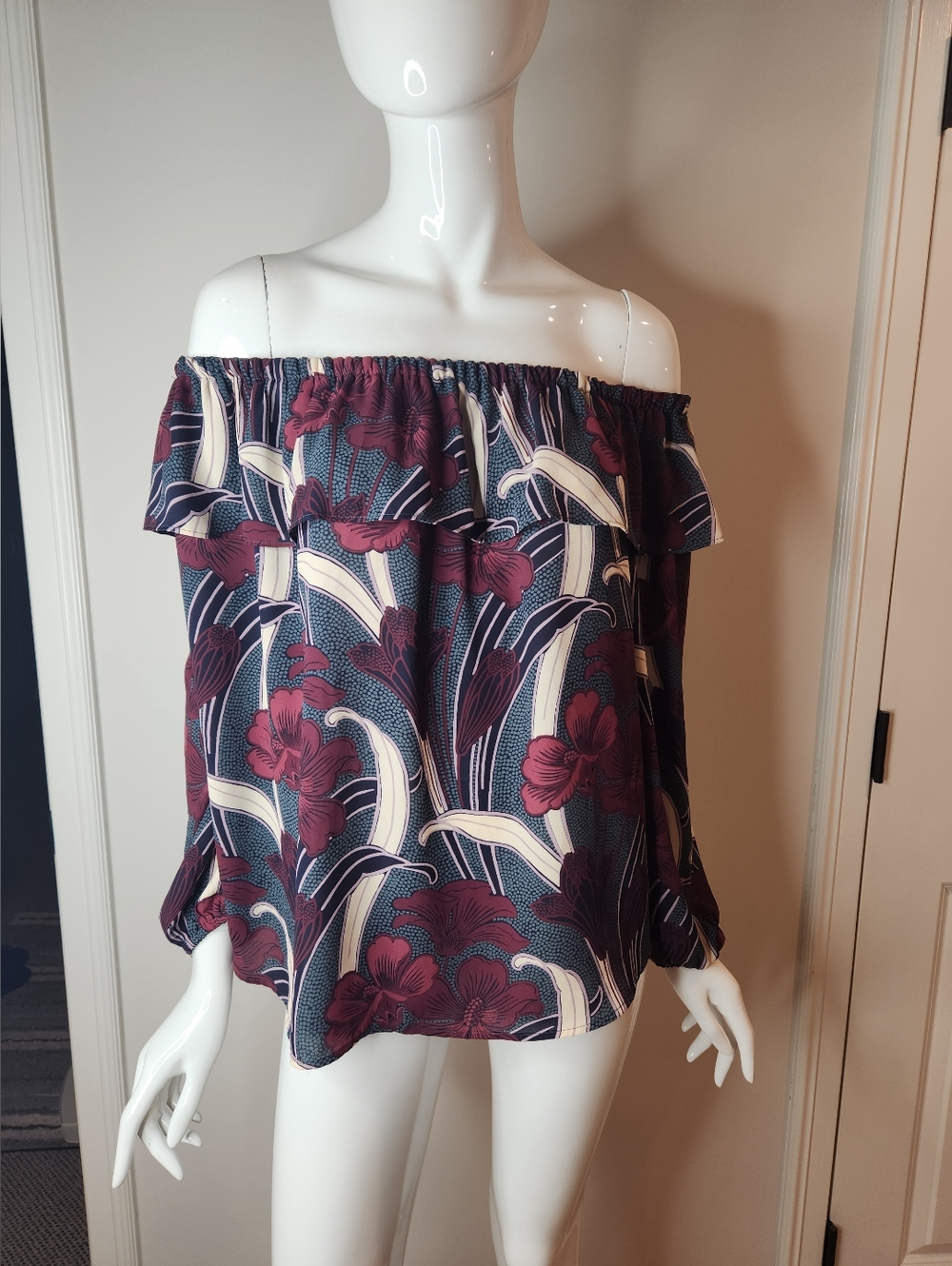 Ann Taylor Off-Shoulder Floral Blouse in Burgundy, Navy, Cream